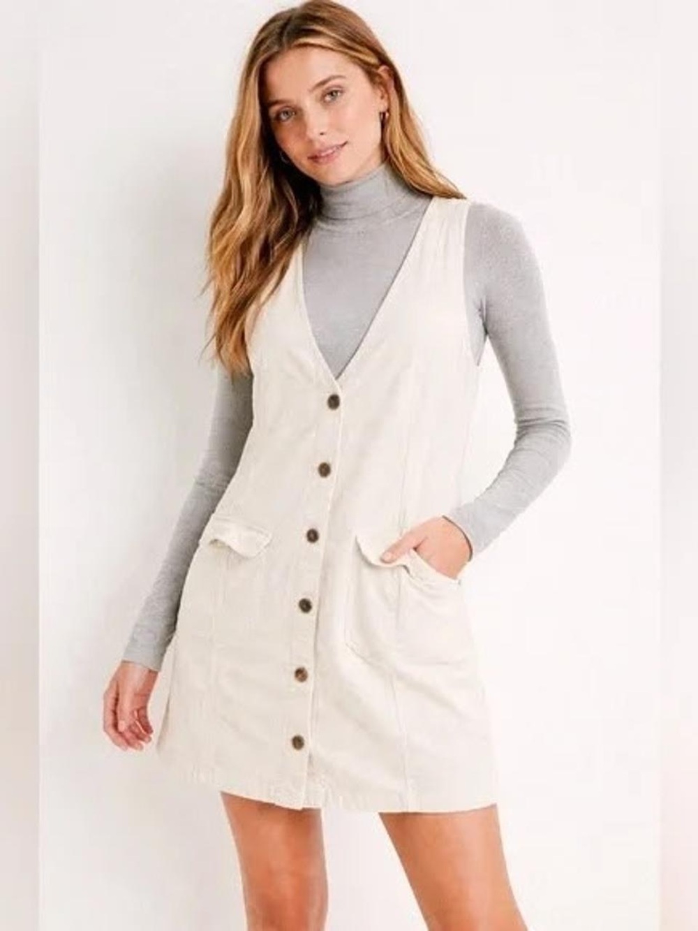 American Eagle AE Cream Button-Front V-Neck Corduroy Dress - womens Small